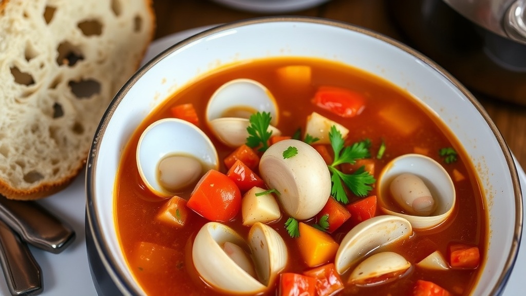 Savory Manhattan Clam Chowder Recipe A bowl of Manhattan Clam Chowder with clams, tomatoes, and vegetables, garnished with parsley, alongside a slice of bread.